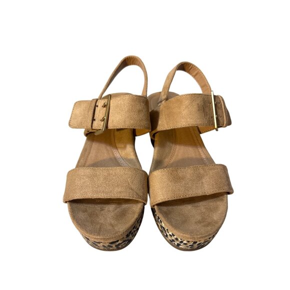 Andrew Geller Tan Suede Wedge Sandals With Leopard Print Platform Size 6.5M - Picture 2 of 8
